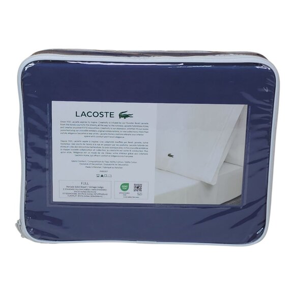 Lacoste Full Sheet Set 100% Cotton Percale Vintage Indigo Blue Light Weight - Picture 2 of 8